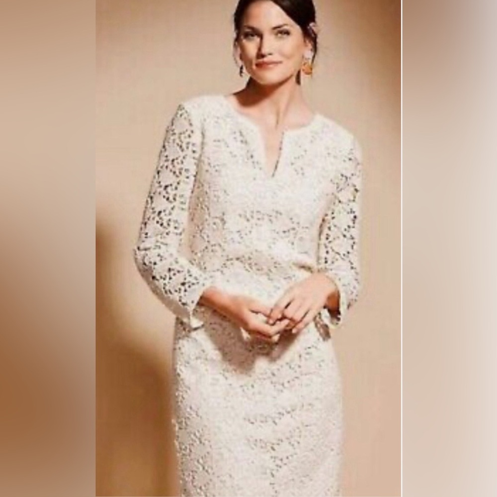 Talbots Women’s 6 Lace Crochet Ivory Short Shift Dress 3/4 Sleeves Lined Wedding
